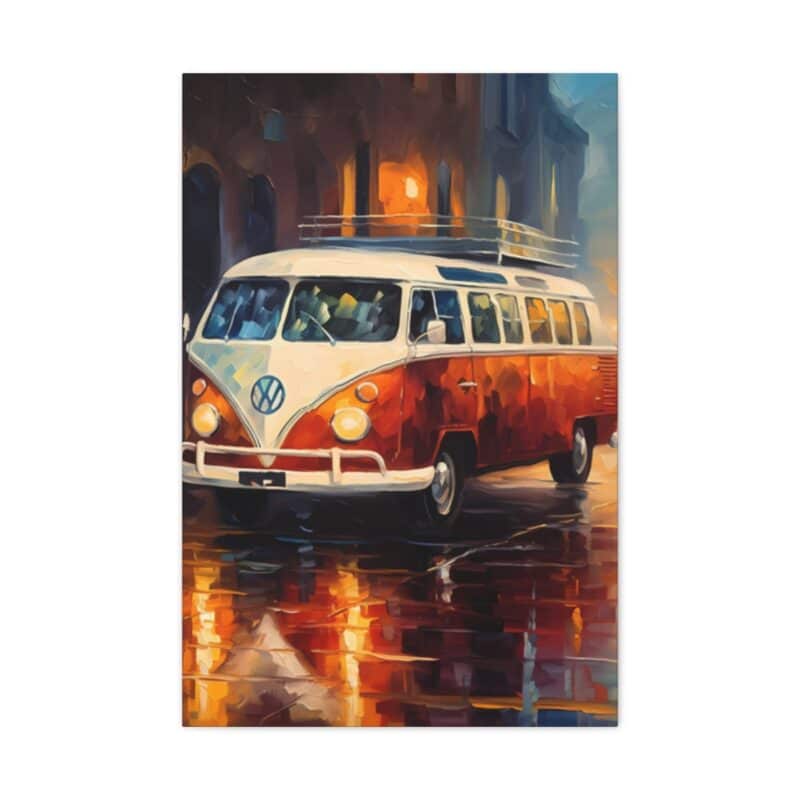 Rainy City Street Vanlife Vw Campervan Canvas Print - Portrait